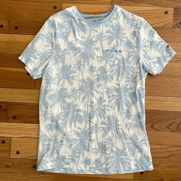 New Tommy Hilfiger Men Blue Palm Tree Tropical Embroidered Logo Men S T-Shirt - Picture 1 of 7